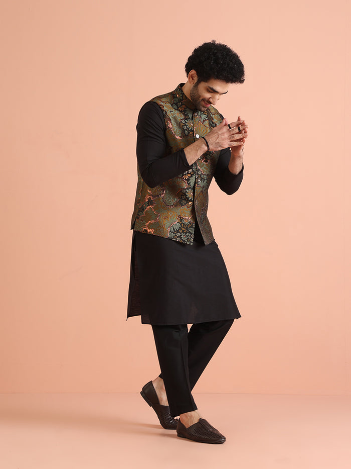 Multi Abstract Jacquard Jacket Kurta Set