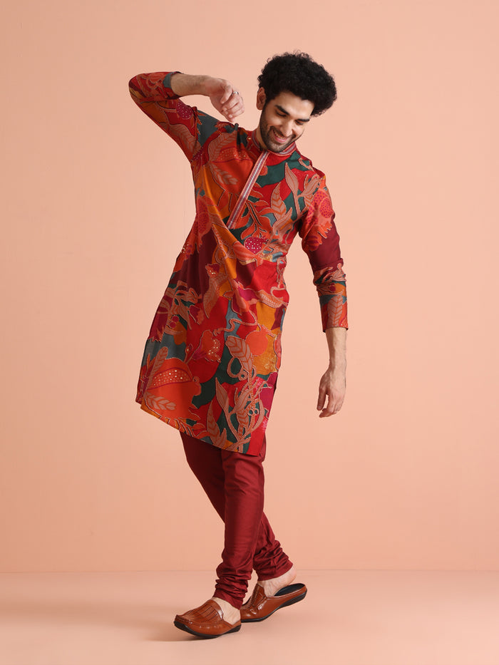 The side view of the model highlights Kisah Multi Color Cotton Printed Long Kurta with a relaxed stance