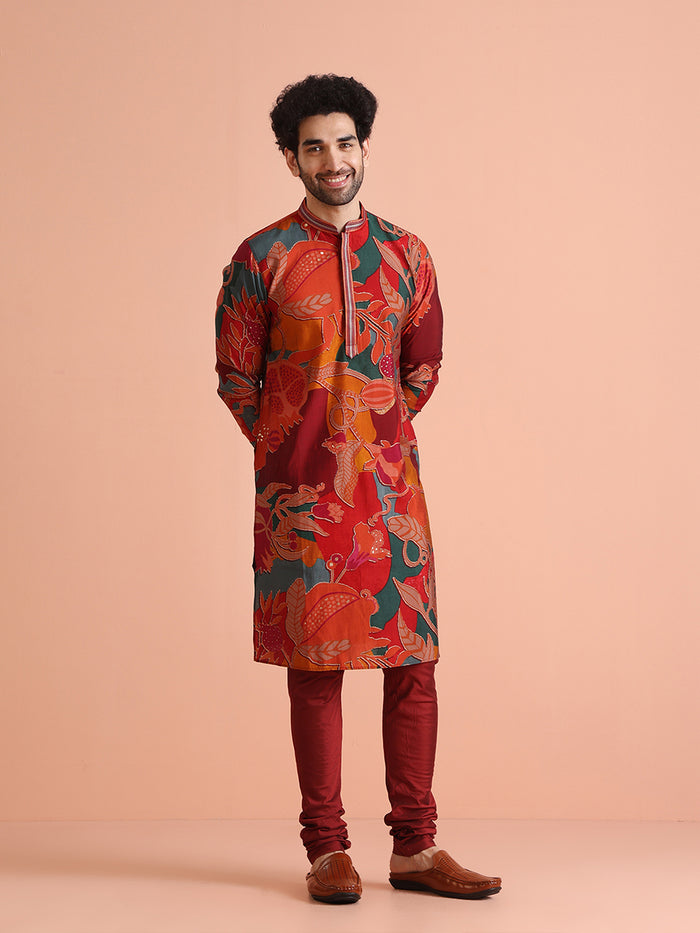 The model is standing straight, posing in Multi-Color Printed Kurta with Maroon Churidar of Kisah.