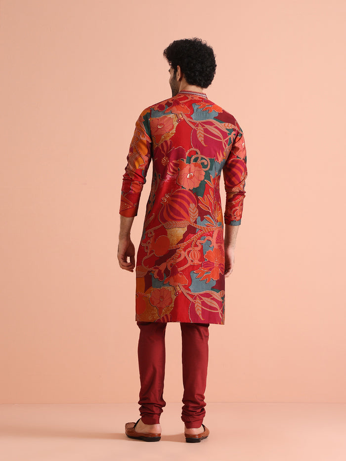 The back view of the model showcases Multi-Color Printed Kurta with Maroon Churidar of Kisah.