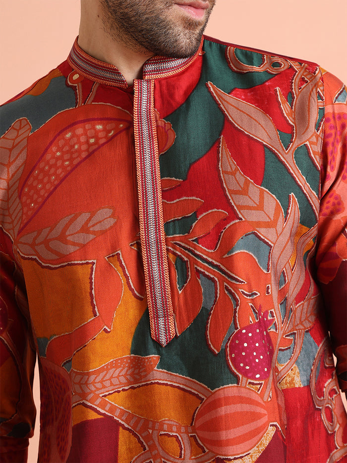 The close-up view highlights the detailed print on Multi-Color Printed Kurta with Maroon Churidar of Kisah.
