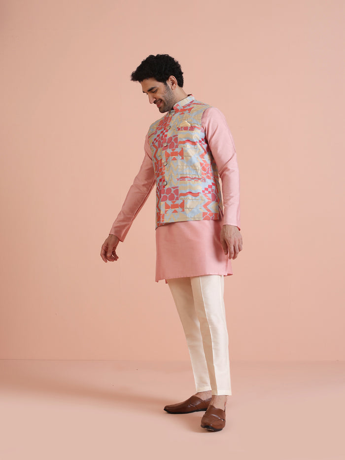 Multi Cotton Silk Geometric Printed Nehru Jacket