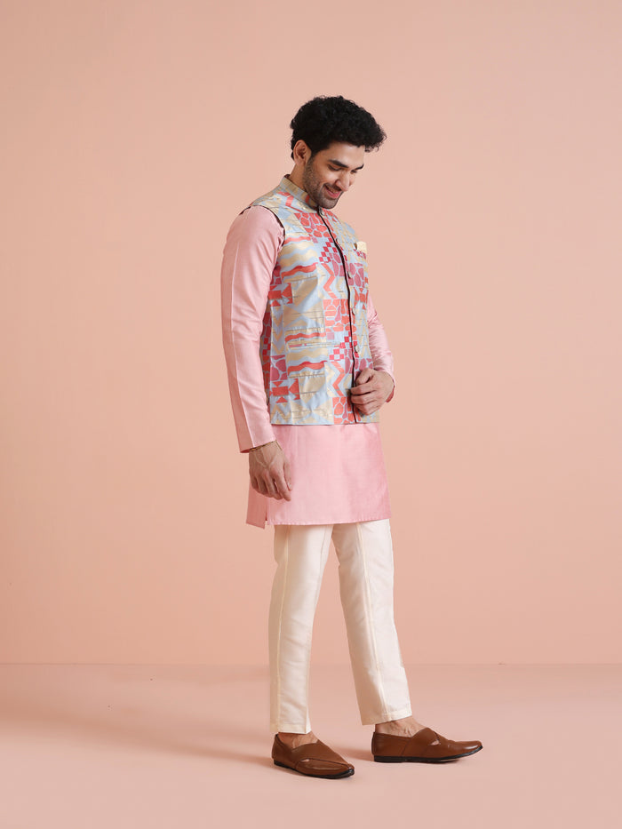 Multi Cotton Silk Geometric Printed Nehru Jacket