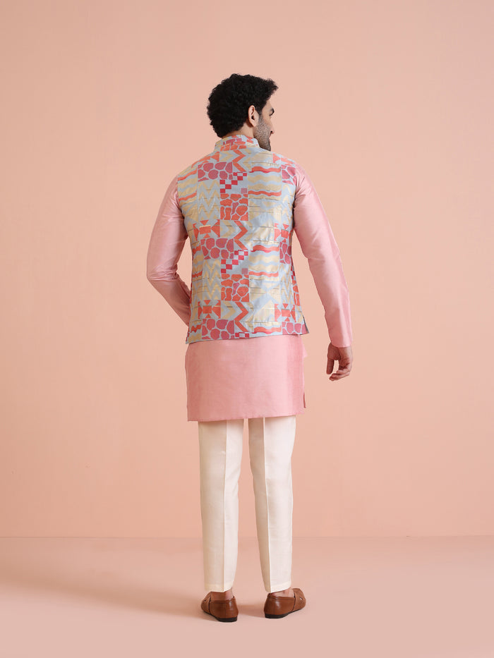 Multi Cotton Silk Geometric Printed Nehru Jacket