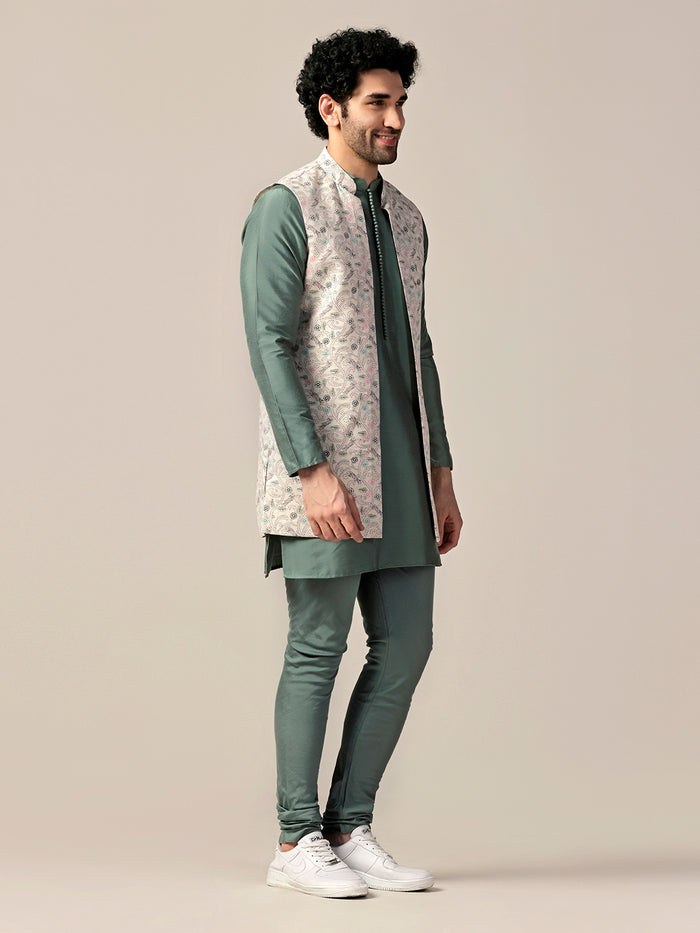 Multicolor Printed Jacket Green Kurta Churidar Set