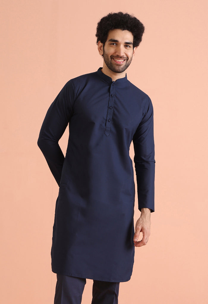 Navy Blue Cotton Plain Kurta