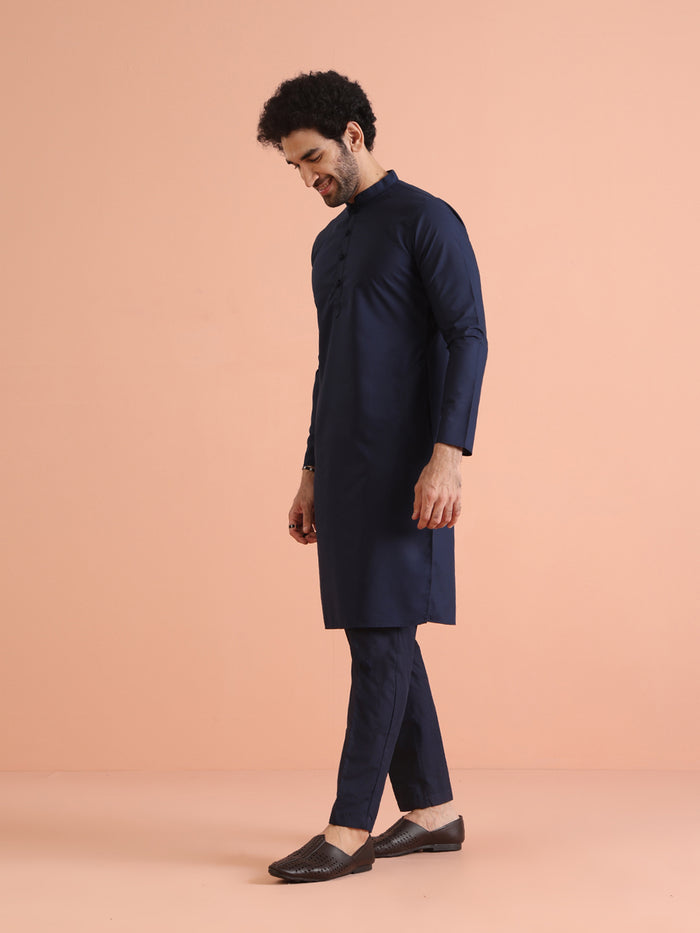 Navy Blue Cotton Plain Kurta