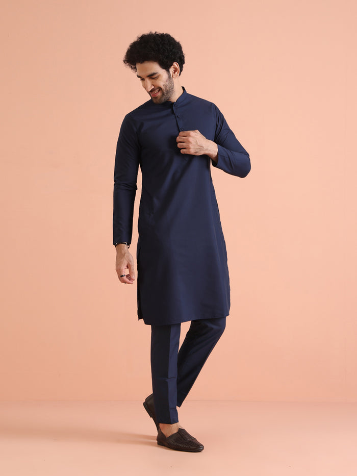 Navy Blue Cotton Plain Kurta