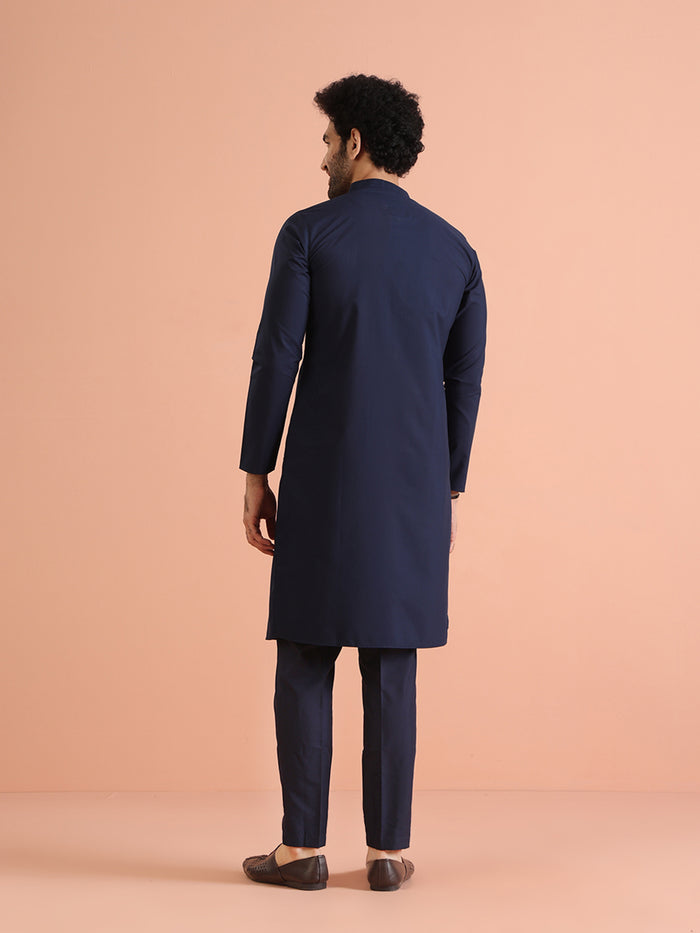 Navy Blue Cotton Plain Kurta