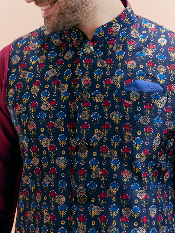 Navy Blue Cotton Silk Floral Nehru Jacket