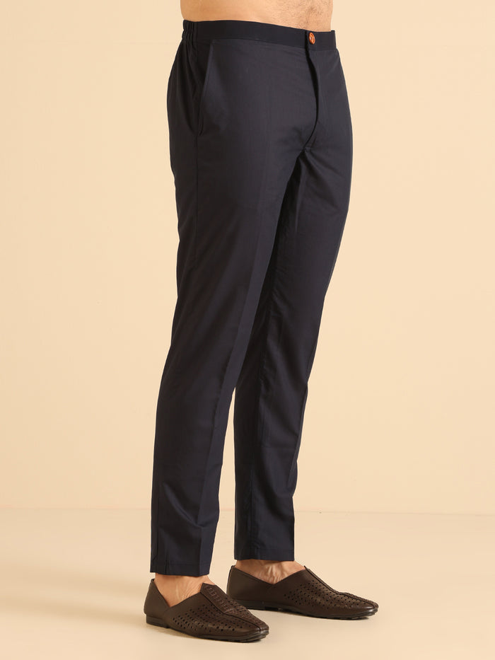 Navy Blue Cotton Silk Jacquard Nehru Jacket Kurta Trouser