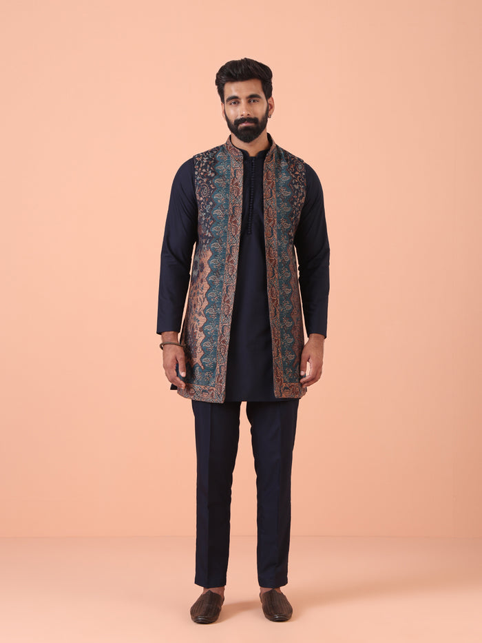 Navy Blue Cotton Silk Jacquard Nehru Jacket Kurta Trouser