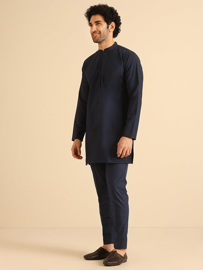 Navy Blue Cotton Silk Mid Kurta