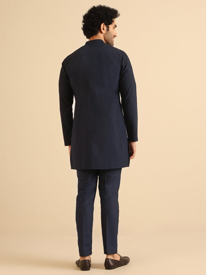 Navy Blue Cotton Silk Mid Kurta