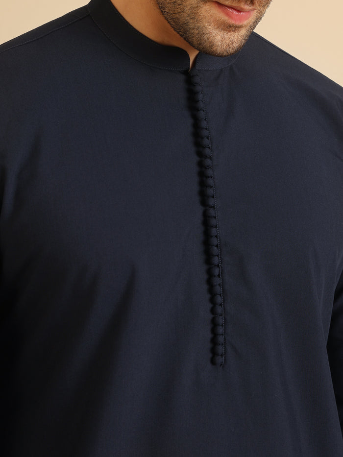 Navy Blue Cotton Silk Mid Kurta