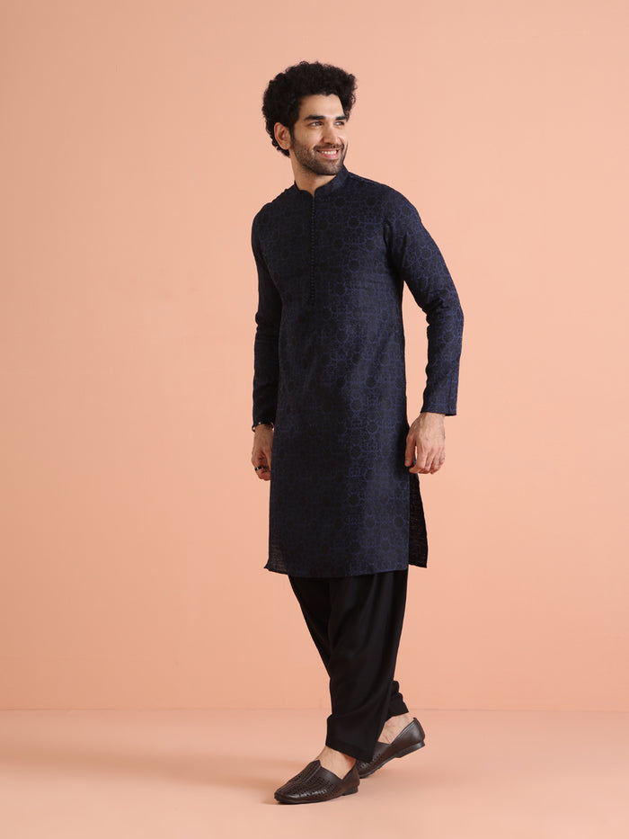 Navy Blue Jacquard Kurta Patiala Set