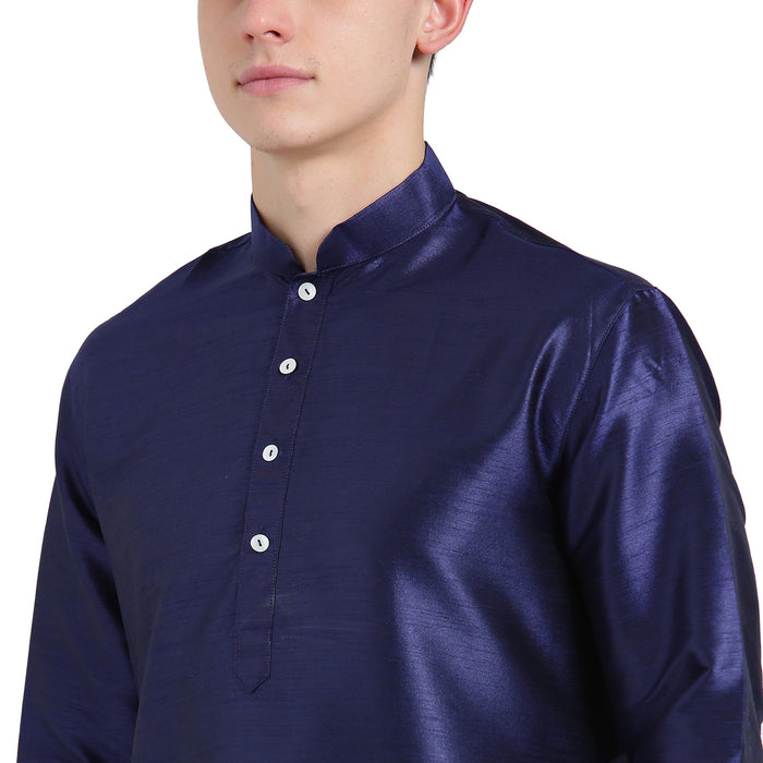 Navy Blue Silk Blend Solid Kurta