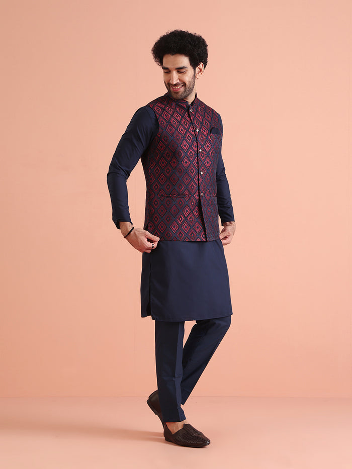 Navy Blue Silk Geometric Nehru Jacket Kurta Set
