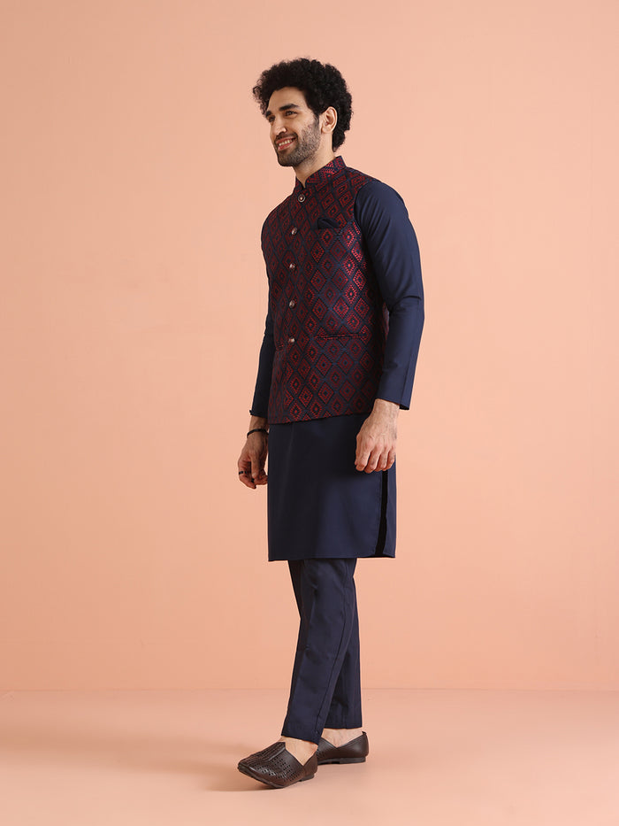 Navy Blue Silk Geometric Nehru Jacket Kurta Set