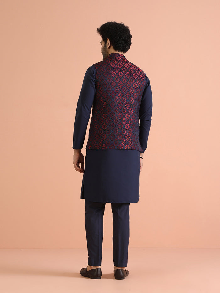 Navy Blue Silk Geometric Nehru Jacket Kurta Set