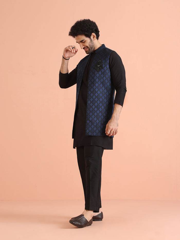 Navy Blue Woven Jacket Kurta Trouser Set