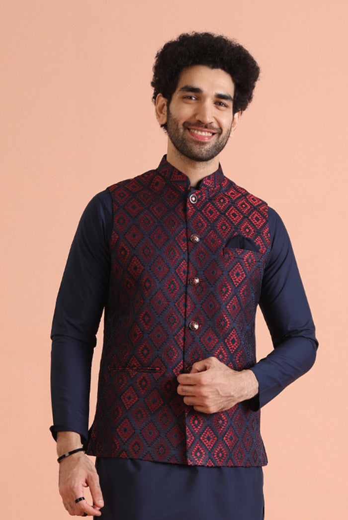 Navy Red Cotton Silk Textured Nehru Jacket
