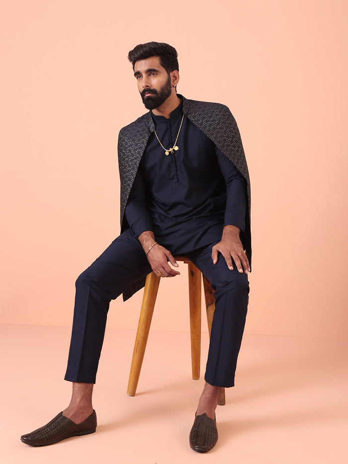 Navy Silk Blend Black Textured Nehru Jacket Mid Kurta Set