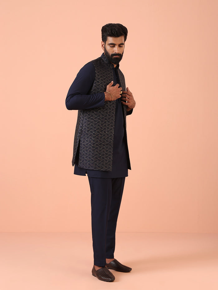 Navy Silk Blend Black Textured Nehru Jacket Mid Kurta Set