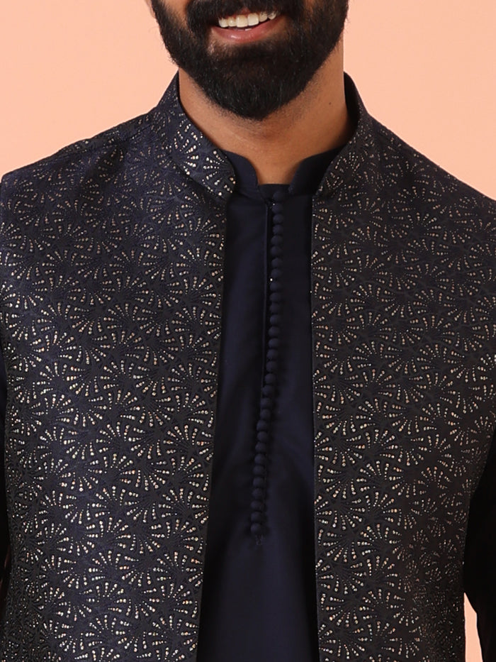 Navy Silk Blend Black Textured Nehru Jacket Mid Kurta Set