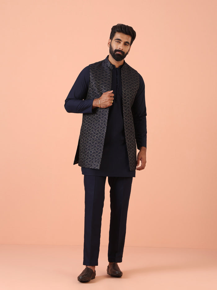 Navy Silk Blend Black Textured Nehru Jacket Mid Kurta Set
