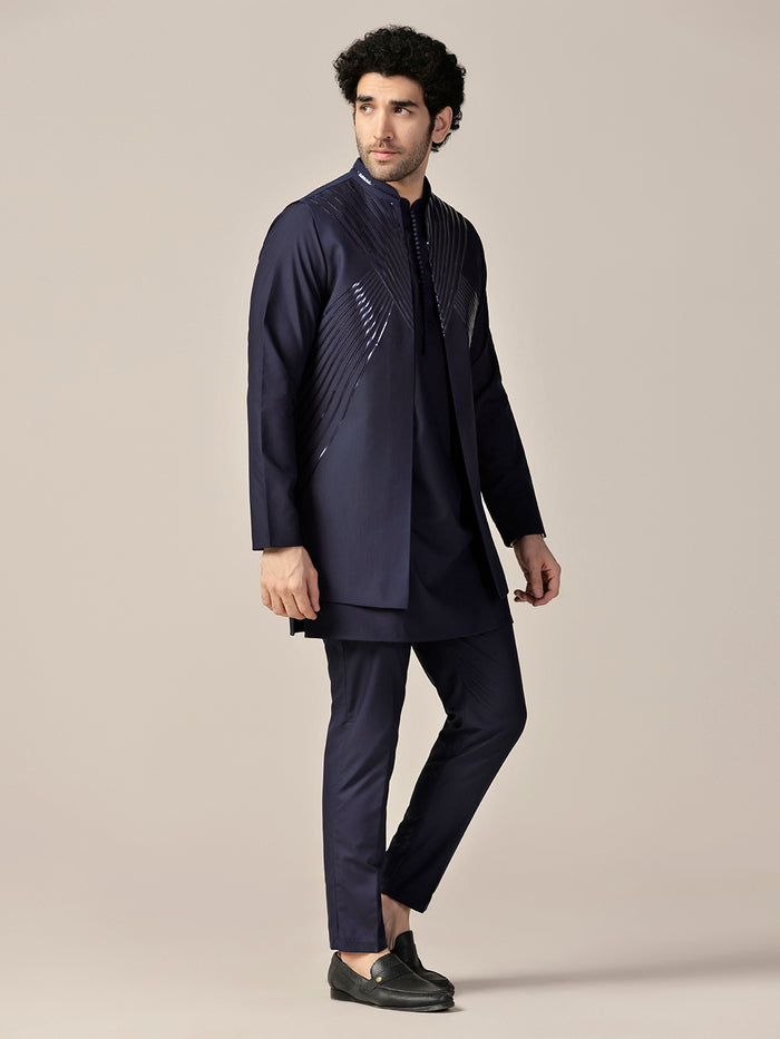 Navy Silk Blend Metallic Jacket Kurta Trouser Set