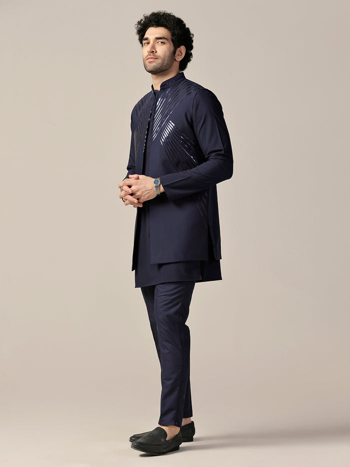Navy Silk Blend Metallic Jacket Kurta Trouser Set