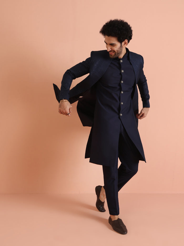 Navy Silk Blend Mirror Work Sherwani Trouser Set