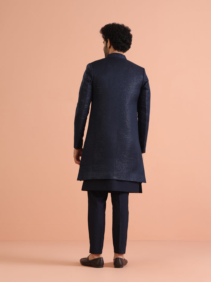 Navy Silk Blend Mirror Work Sherwani Trouser Set