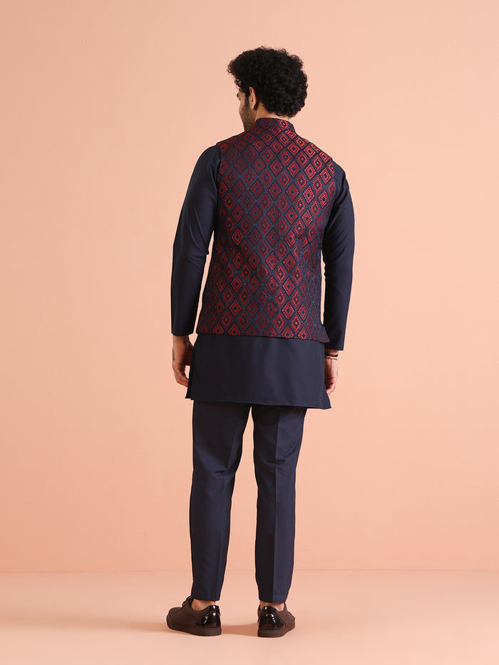 Navy Silk Blend Red Textured Nehru Jacket Mid Kurta Set
