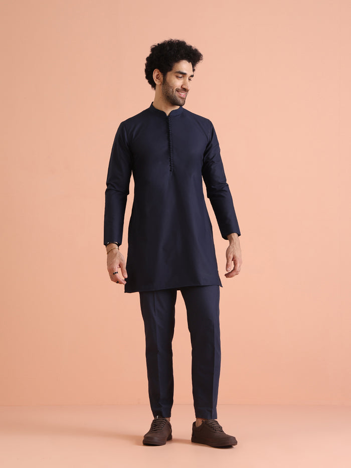 Navy Silk Blend Red Textured Nehru Jacket Mid Kurta Set