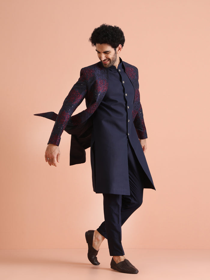 Navy Silk Blend Red Textured Sherwani Trouser Set