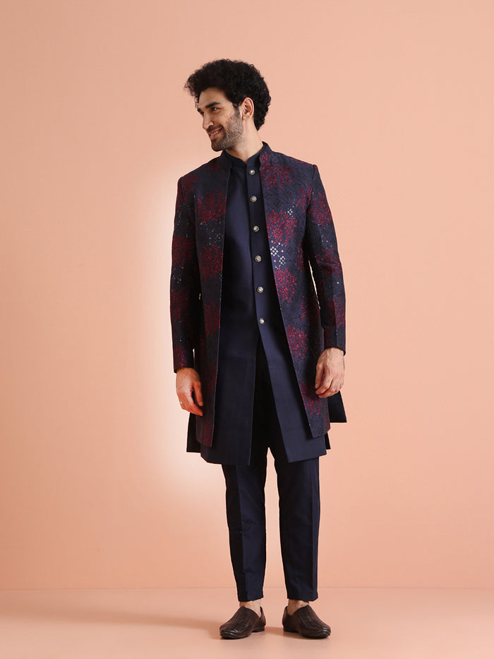 Navy Silk Blend Red Textured Sherwani Trouser Set