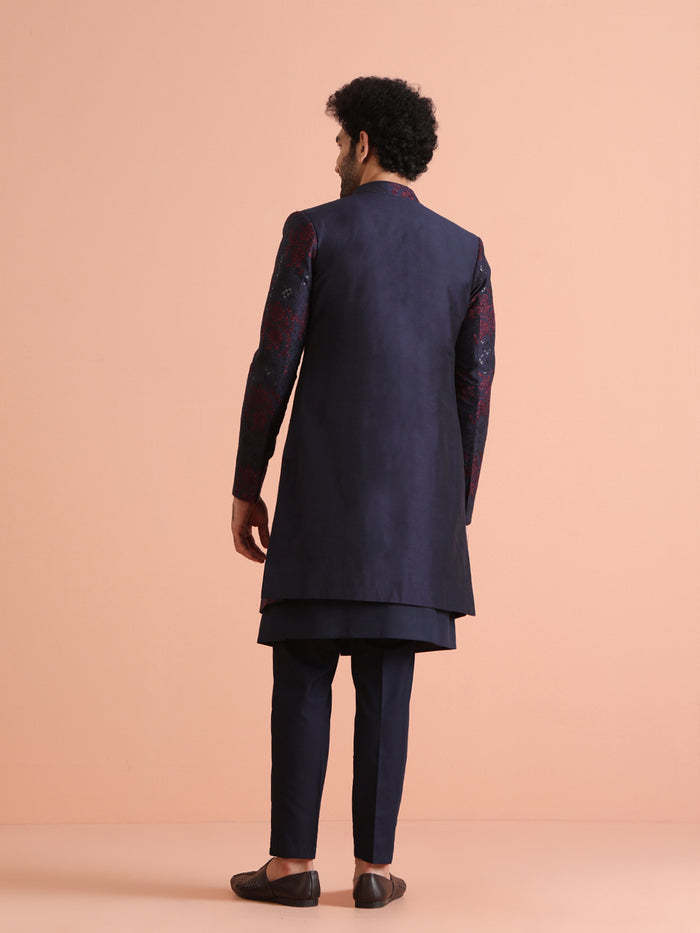 Navy Silk Blend Red Textured Sherwani Trouser Set