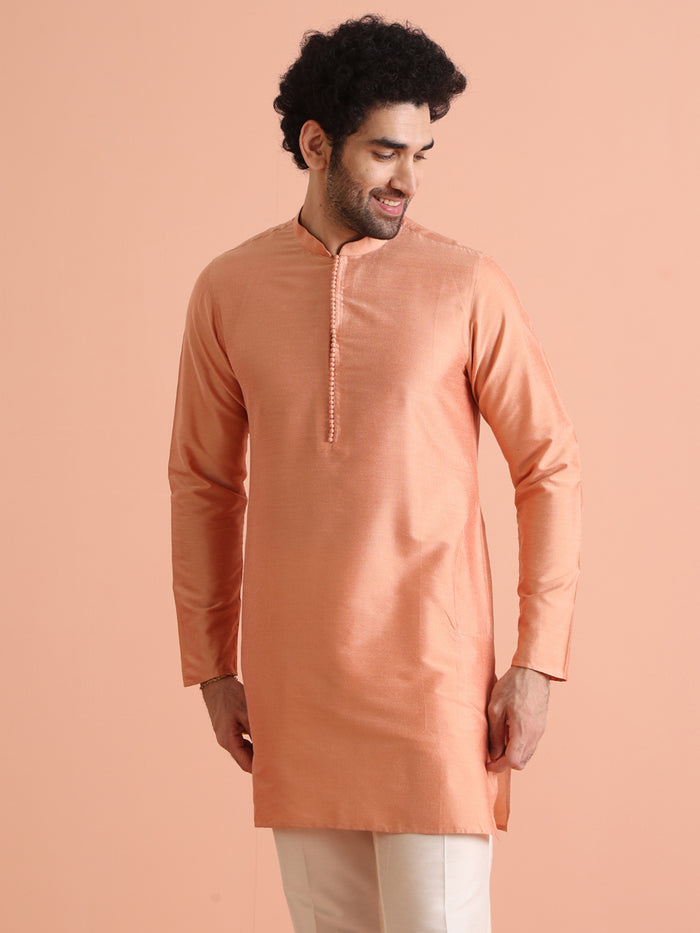 Peach Silk Blend Solid Mid Kurta