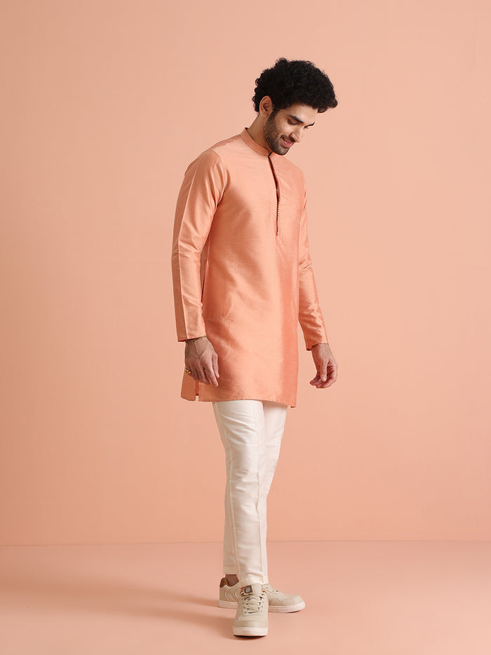 Peach Silk Blend Solid Mid Kurta