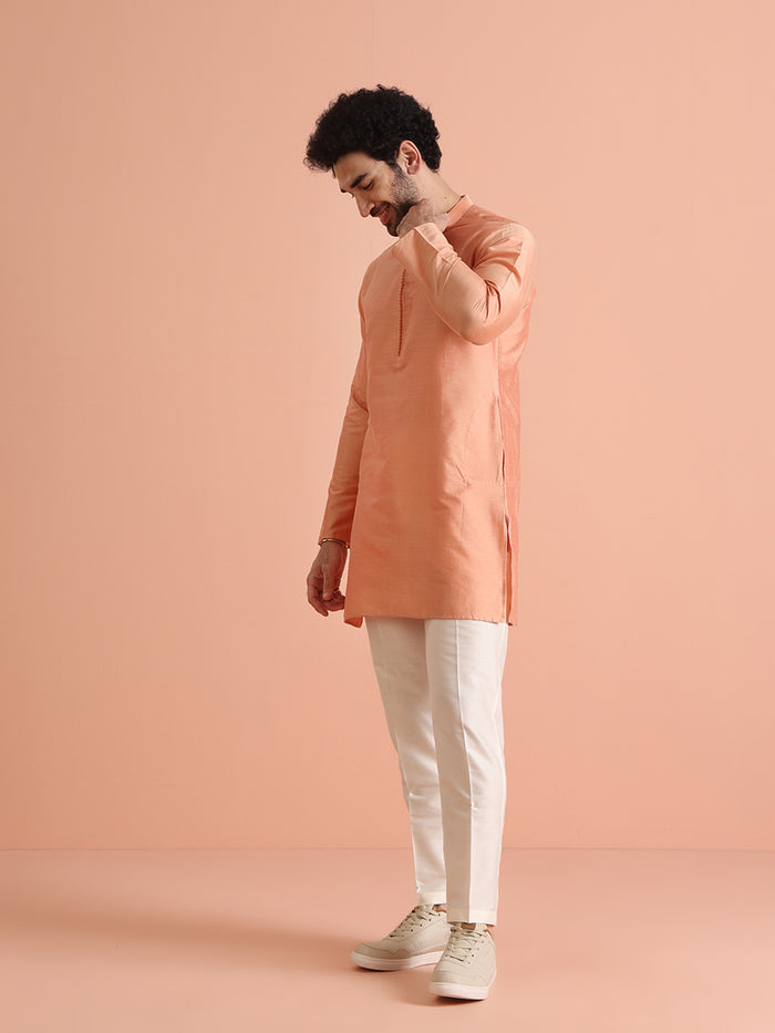 Peach Silk Blend Solid Mid Kurta