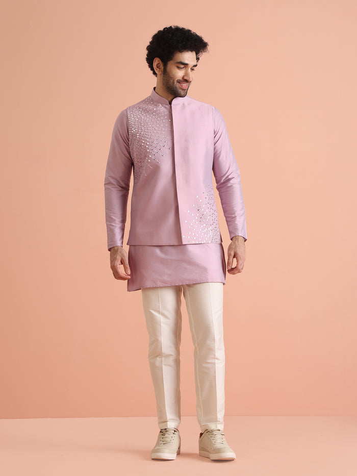 Pink Cotton Embroidered Nehru Jacket Kurta Set