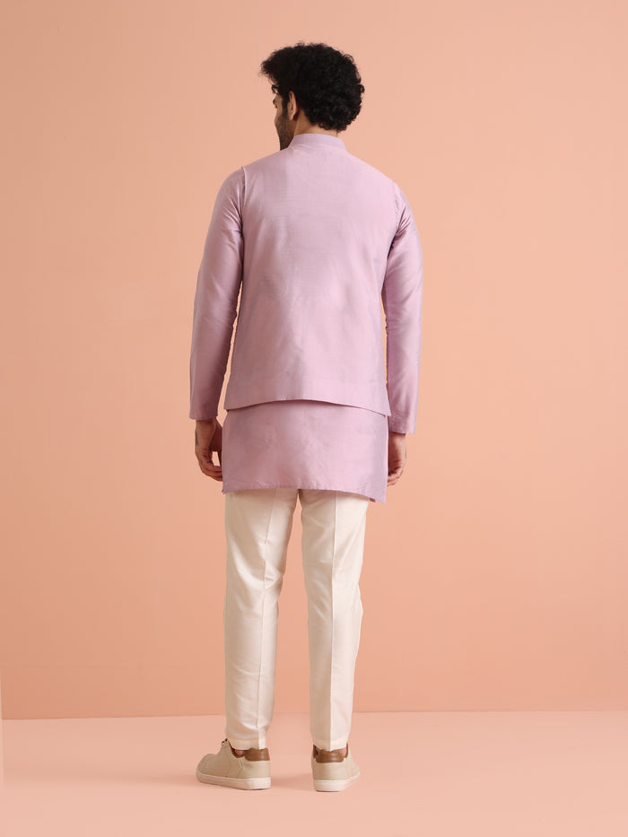 Pink Cotton Embroidered Nehru Jacket Kurta Set