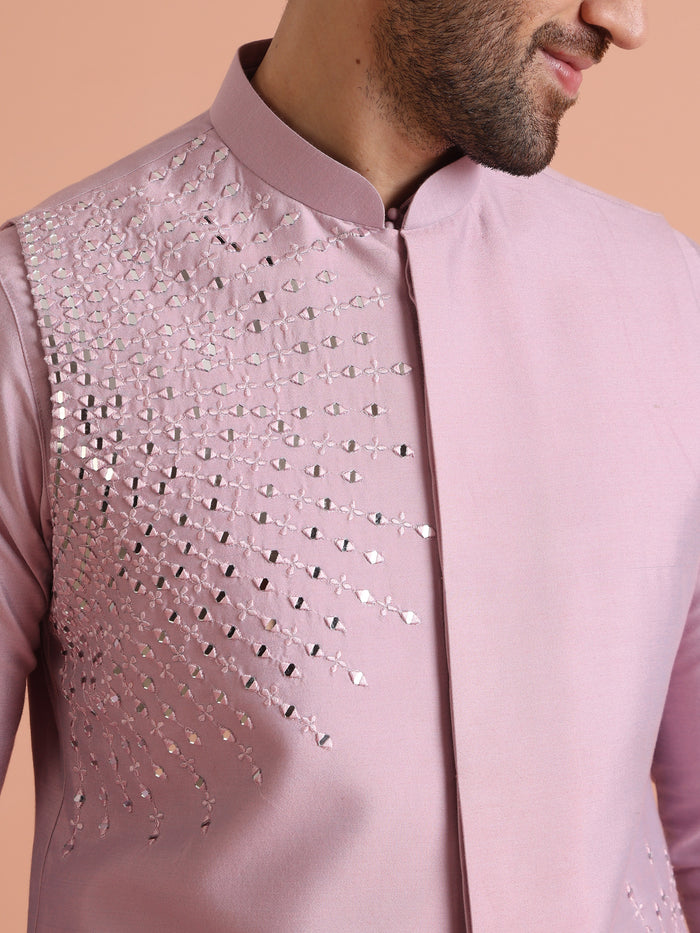 Pink Cotton Embroidered Nehru Jacket Kurta Set
