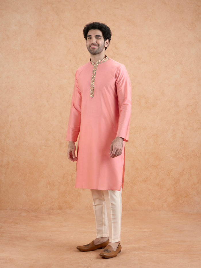 Pink Kurta with Embroidered Neckline