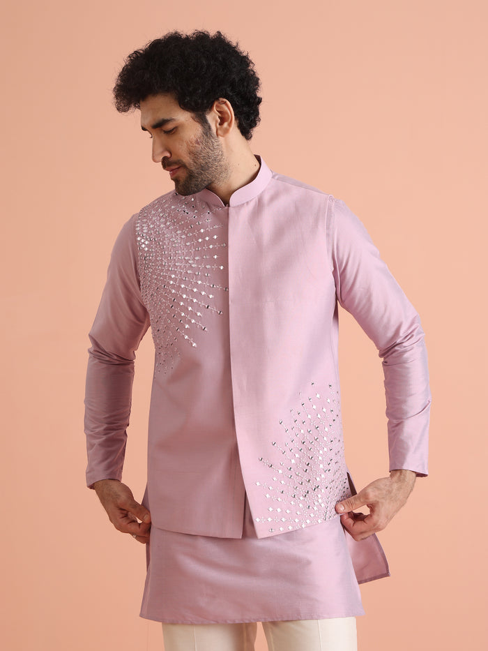 Pink Mirror Work Nehru Jacket