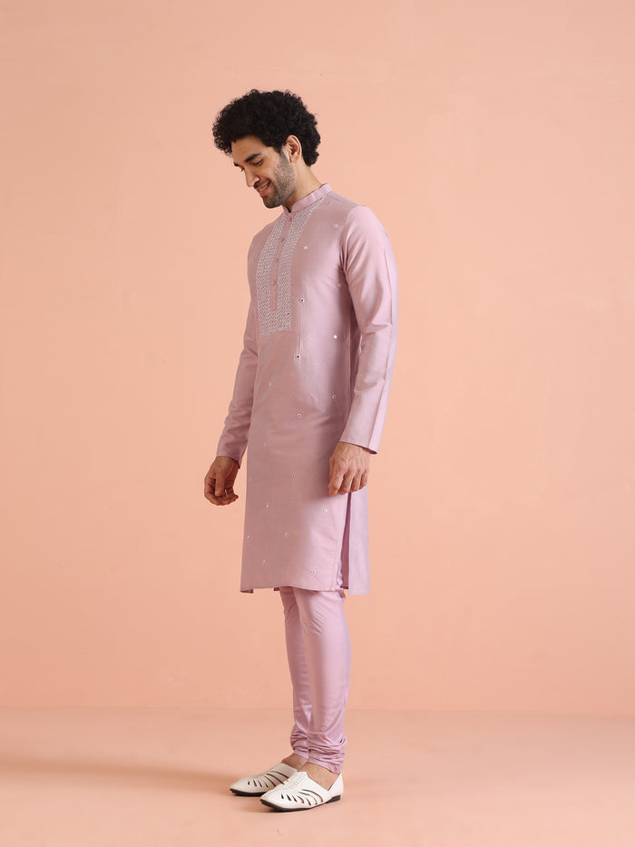 Pink Silk Blend Embroidered Long Kurta