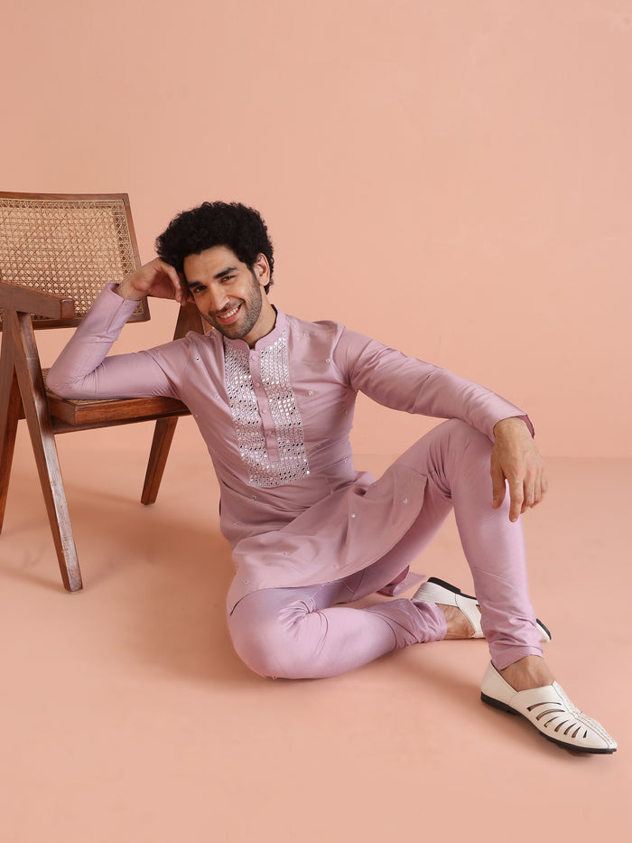 Pink Silk Blend Embroidered Long Kurta