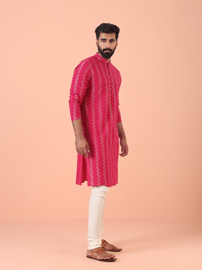 Pink Silk Blend Kurta Set with Metallic Jacquard Woven Design and Cream Churidar for Festive & Wedding Ensemble